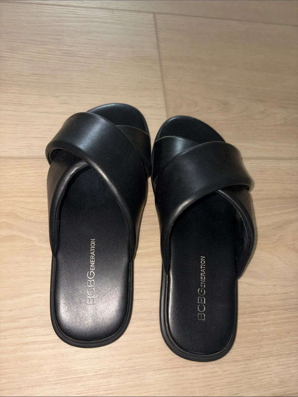 BCBGeneration Black Crisscross Slide Sandals